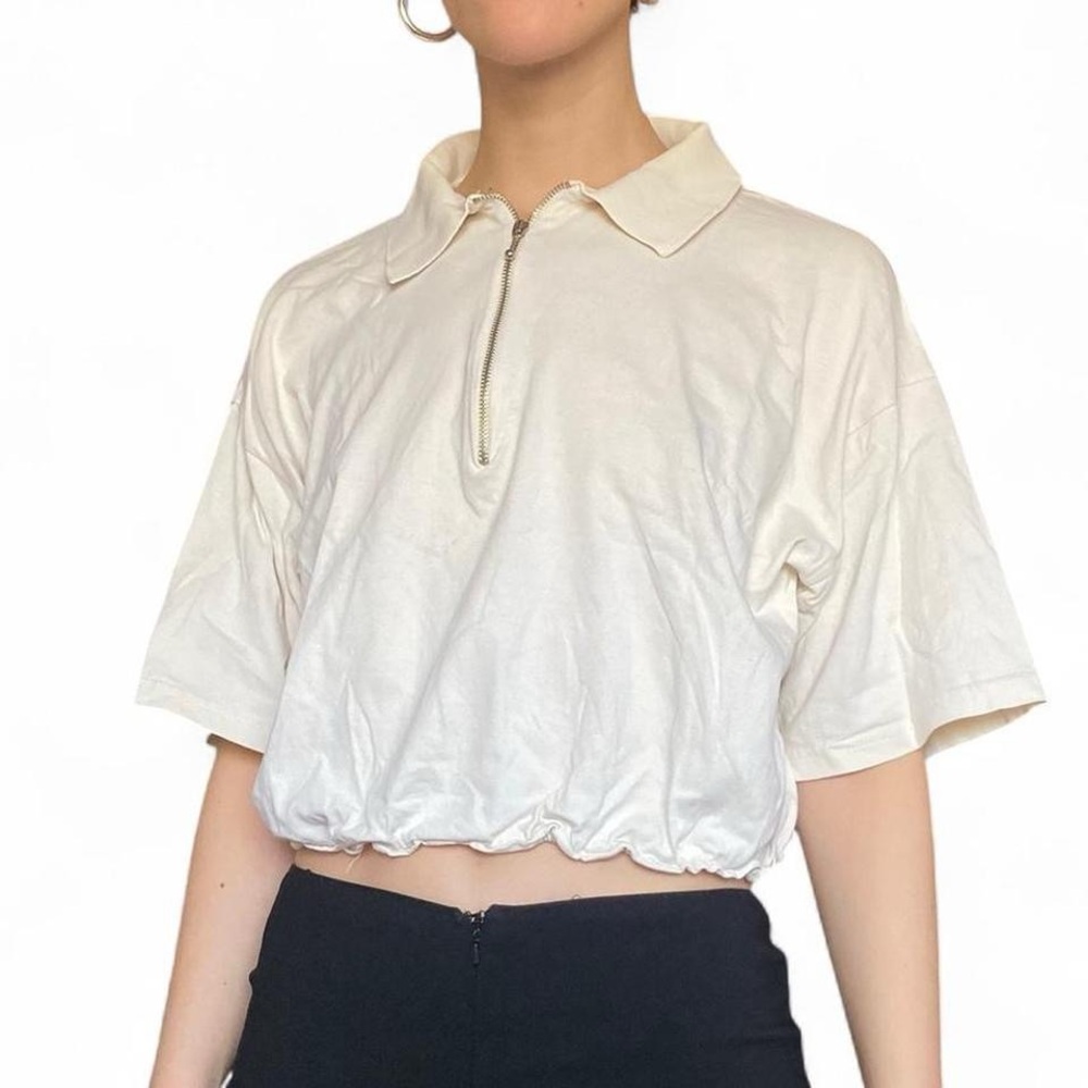 Cream Zip-Up Polo Crop Top